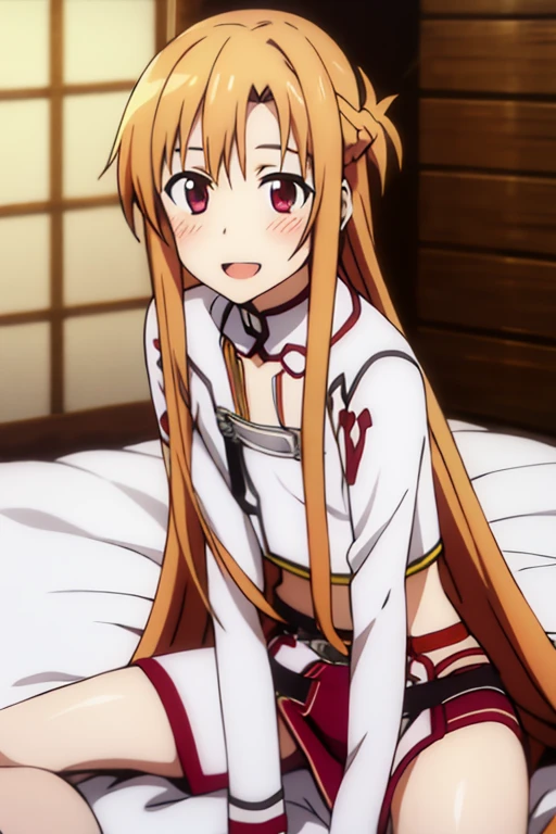 ((Best Quality)), ((masterpiece)), (be familiar with),  perfect face, indoor, bedroom,  is watching viewers,
One woman, Yuuki Asuna,
 open mouth , Ecstatic expression, blush, smile,
Small breasts,  flat chest, , ,  kids, Girl,
Long Hair,  long hair,
Leg spread,