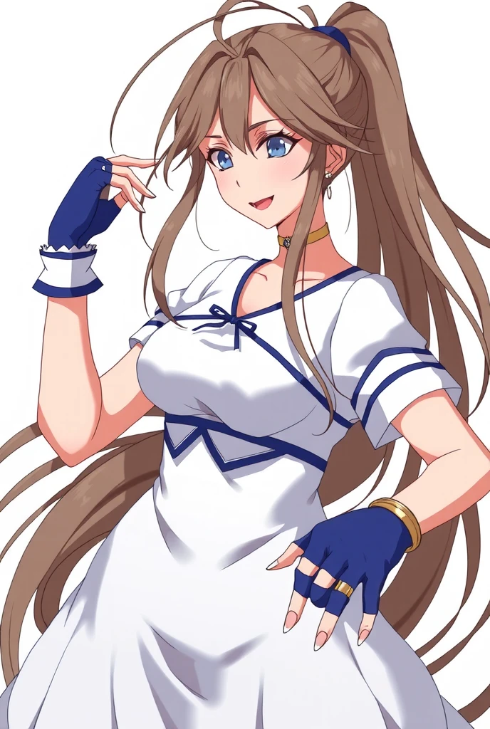 sfw, 1goddess, (priestess, priestess short-neck dress), (short-neck:1.3), long sleeves, ((Blue Trimmed Dresses, Blue-Trim)), BREAK, (elegant mature woman), (pleasure smile), open mouth, dynamic angle, dynamic pose, standing, upper-body, close-up, transparent background, BREAK, Lovebell-flux, long ponytail, blue eyes, brown hair, gold choker, fingerless blue gloves, bracelet, earring, wedding-ring, BREAK, (shiny skin, white Pearl skin), detailed eyes, detailed eyelashes, extremely detailed face, sharp detailed lips, dramatic lighting, ((sharp focus, sharp detail)),