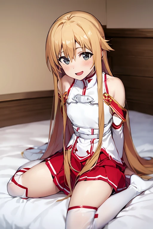 ((Best Quality)), ((masterpiece)), (be familiar with),  perfect face, indoor, bedroom,  is watching viewers,
One woman, Yuuki Asuna,
 open mouth , Ecstatic expression, blush, smile,
Small breasts,  flat chest, , ,  kids, Girl,
Long Hair,  long hair,
Leg spread,