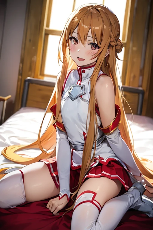 ((Best Quality)), ((masterpiece)), (be familiar with),  perfect face, indoor, bedroom,  is watching viewers,
One woman, Yuuki Asuna,
 open mouth , Ecstatic expression, blush, smile,
Small breasts,  flat chest, , ,  kids, Girl,
Long Hair,  long hair,
Leg spread,