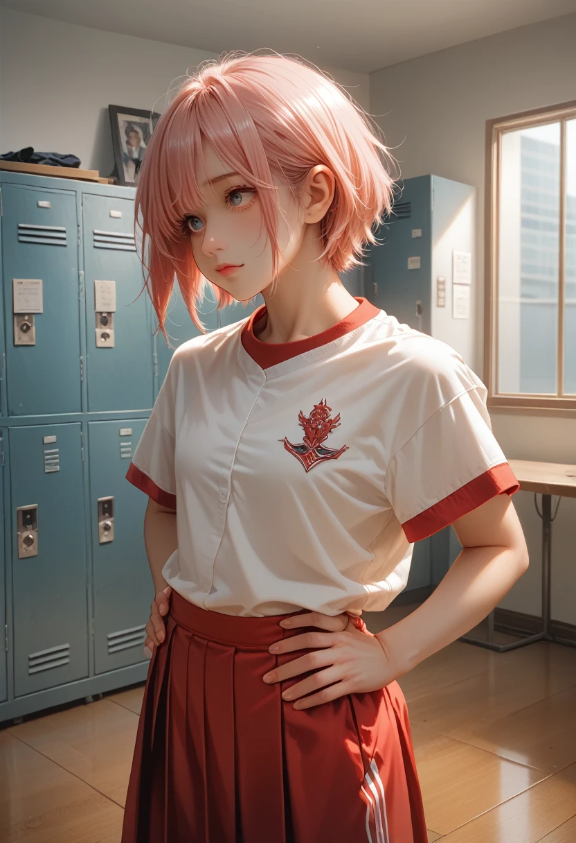 ultra-detailed,highly detailed,best quality,masterpiece,illustration, 
The image features an anime-style character with short pink hair  The character is wearing a white sports shirt with red accents and a matching red skirt. The setting appears to be a locker room or a sports equipment room, as there are clothes and uniforms hanging in the background. The character's pose, with hands on hips and a slightly tilted head, suggests confidence or curiosity. The lighting is soft, casting gentle shadows and giving the scene a somewhat realistic touch despite its animated nature.