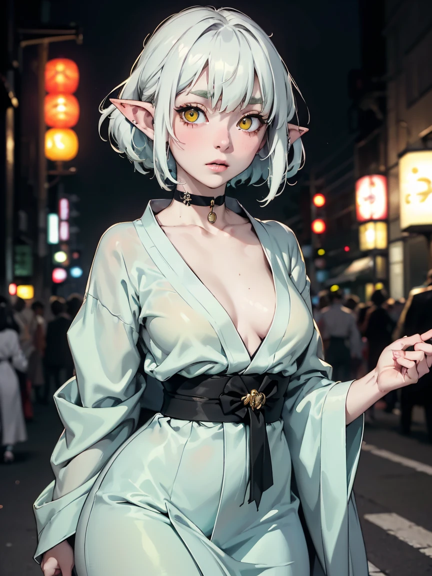 (best lighting) (best quality, masterpiece:1.2), (absurdres), wide portrait, alluring, ethereal, flirtatious, one woman, (((pale green skin))), ((goblin girl)), ((very short, messy white hair), ((bright yellow eyes)), (detailed eyes), ((light blue kimono), ((choker)), ((small breasts)), ((thick)), ((goblin)), ((tokyo night time street)), soft lighting, hazy, cinematic, diffused lighting  