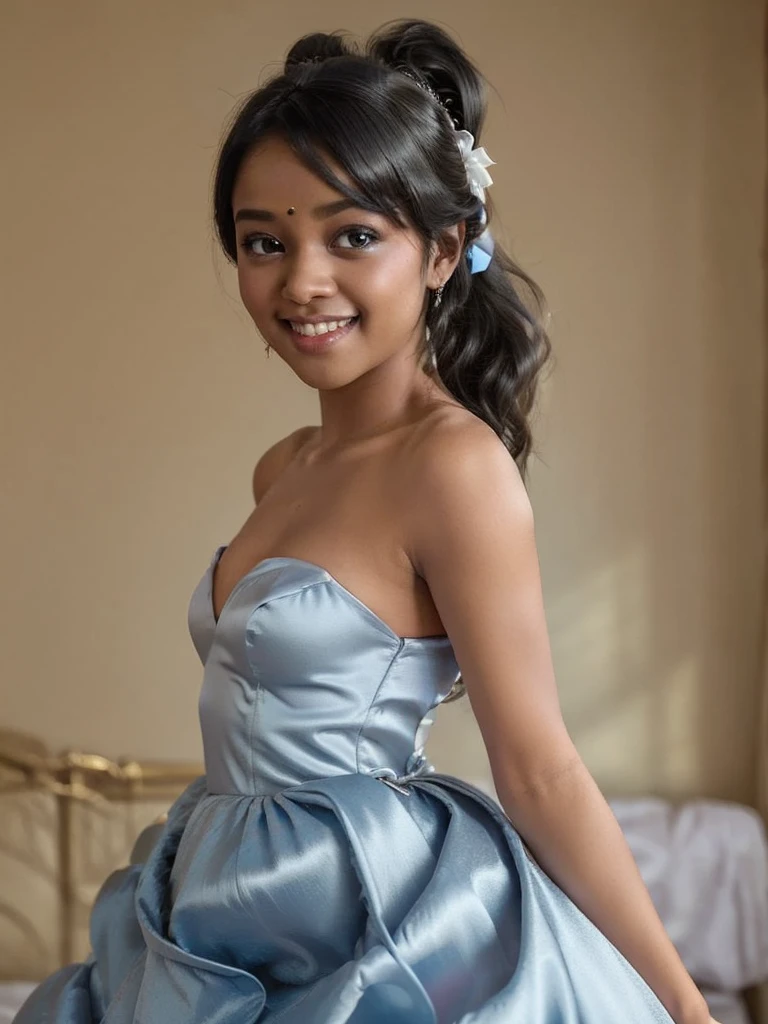 A Indian girl, black ponytail, (black skin:1.4), BREAK, baby face, standing, (satin princess dress, blue wedding dress:1.4), BREAK, (wedd00ing:1.2), (tiny tits, tt_flat), ((shooting from side)), armpit, smiling, bedroom, 