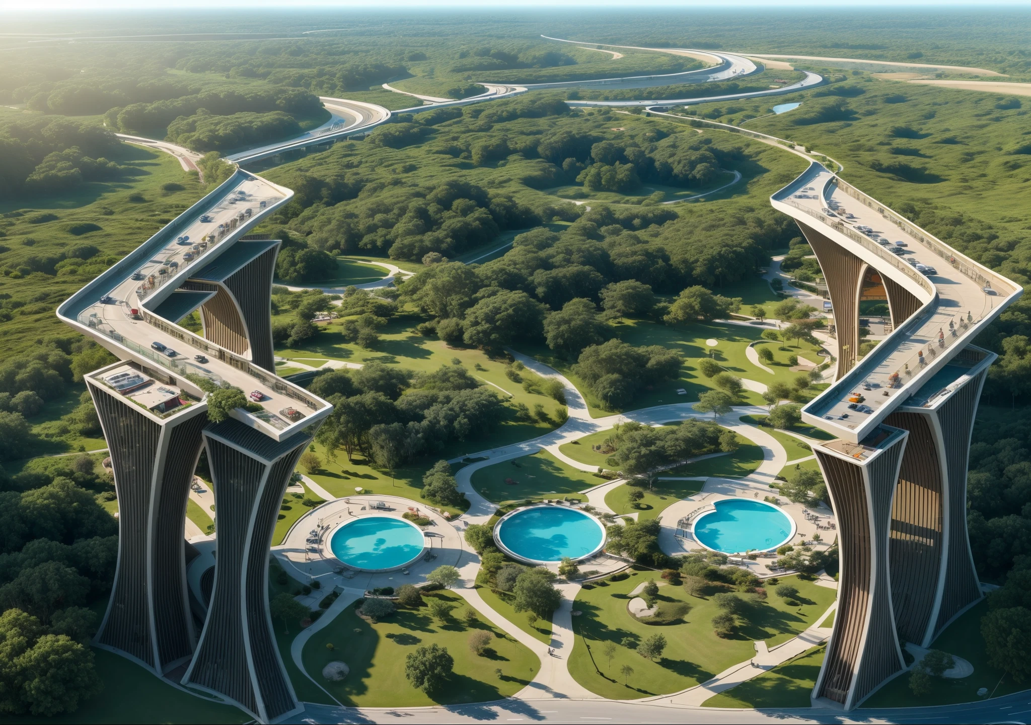 Huge Building, roads, parks, cars, amazing huge building,, small pools, trees, blue sky