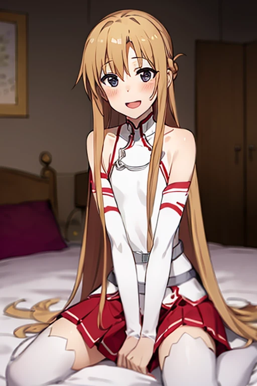 ((Best Quality)), ((masterpiece)), (be familiar with),  perfect face, indoor, bedroom,  is watching viewers,
One woman, Yuuki Asuna,
 open mouth , Ecstatic expression, blush, smile,
Small breasts,  flat chest, , ,  kids, Girl,
Long Hair,  long hair,
Leg spread,