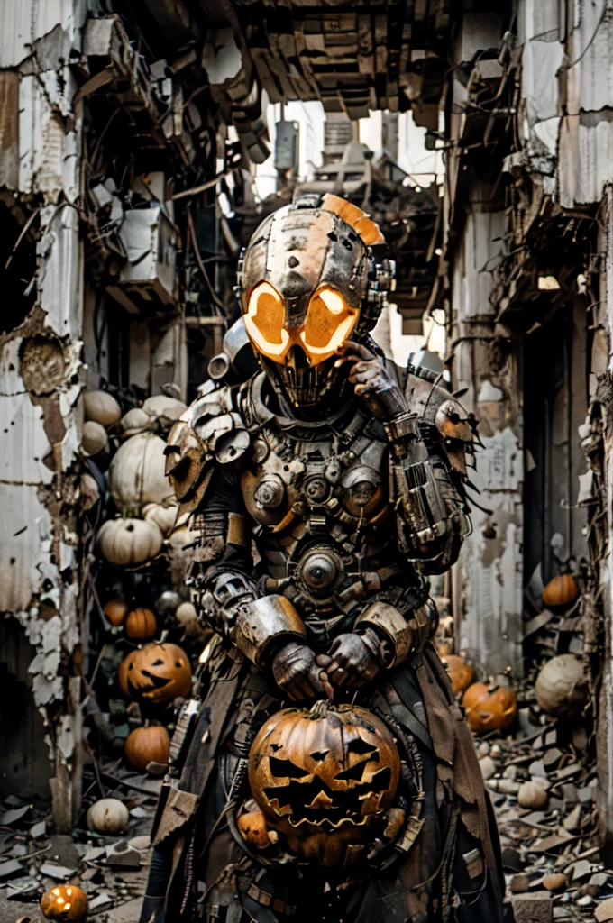 A technologically advanced and highly detailed ancient alien in a post-apocalyptic cityscape.Pumpkins for Halloween in his hand. A comic scene. 