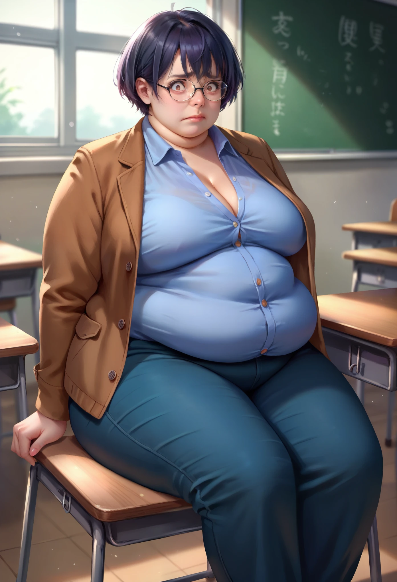 One woman, a teacher sitting in a desk chair in a classroom, glasses, extremely nervous,  scared eyes, eye contact, obese, blouse and jacket very tight, unbuttoned pants.,Belly pressing against shirt, large expressive eyes, large nose, short hair, by wlop