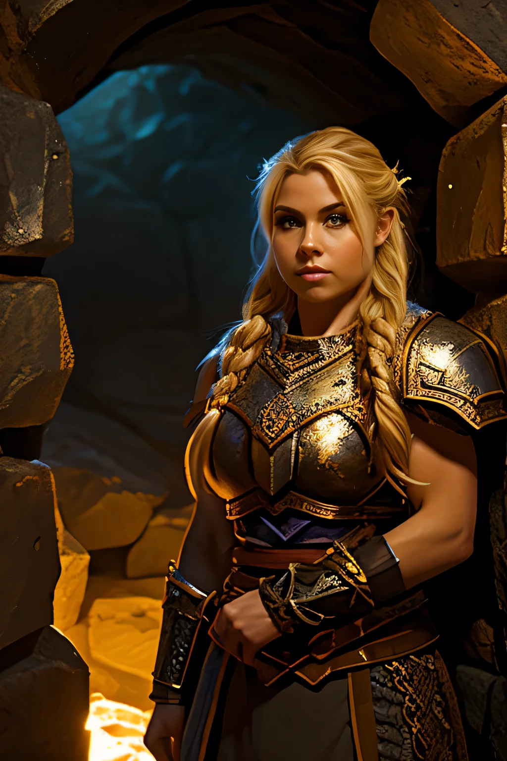 Blonde female dwarven adventurer, in a undeground cavern, dramatic lighting, breastplate,  long braided hair, strong muscled arms, leaning against wall, busty