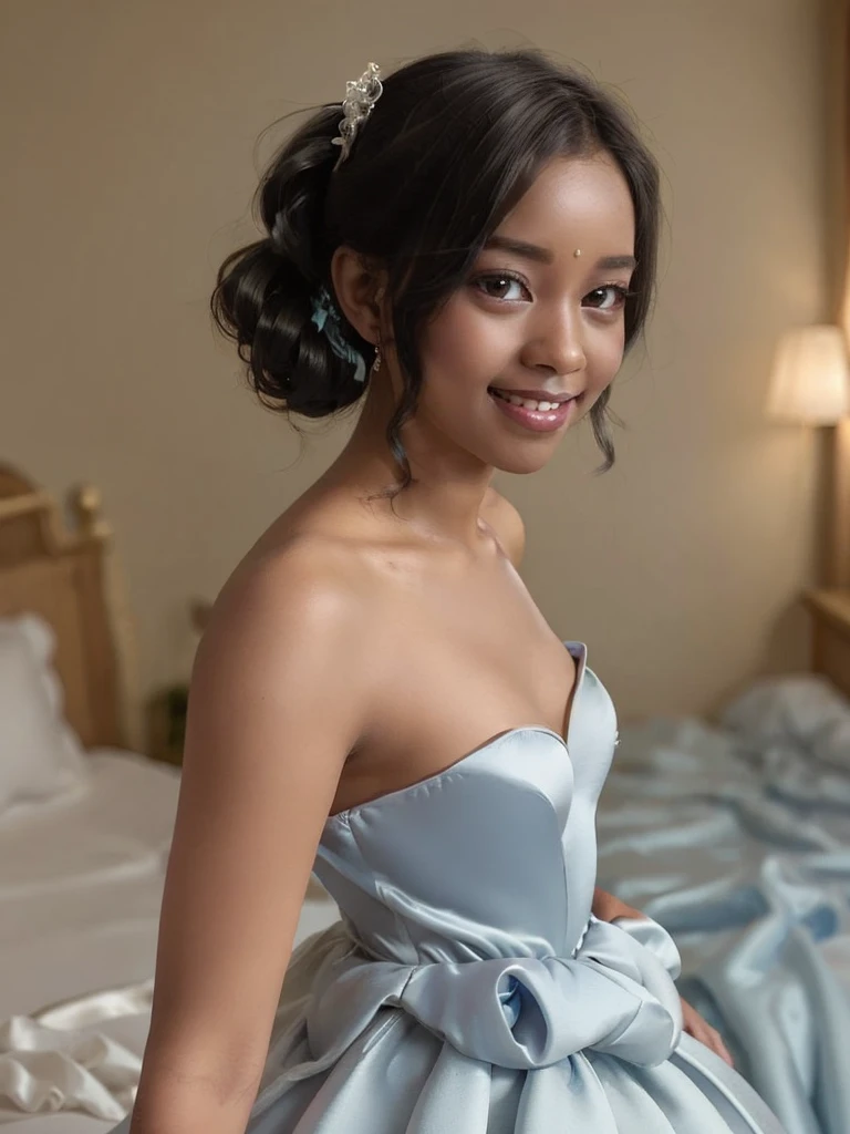 A Indian girl, black ponytail, (black skin:1.4), BREAK, baby face, standing, (satin princess dress, blue wedding dress:1.4), BREAK, (wedd00ing:1.2), (tiny tits, tt_flat), ((shooting from side)), armpit, smiling, bedroom, 