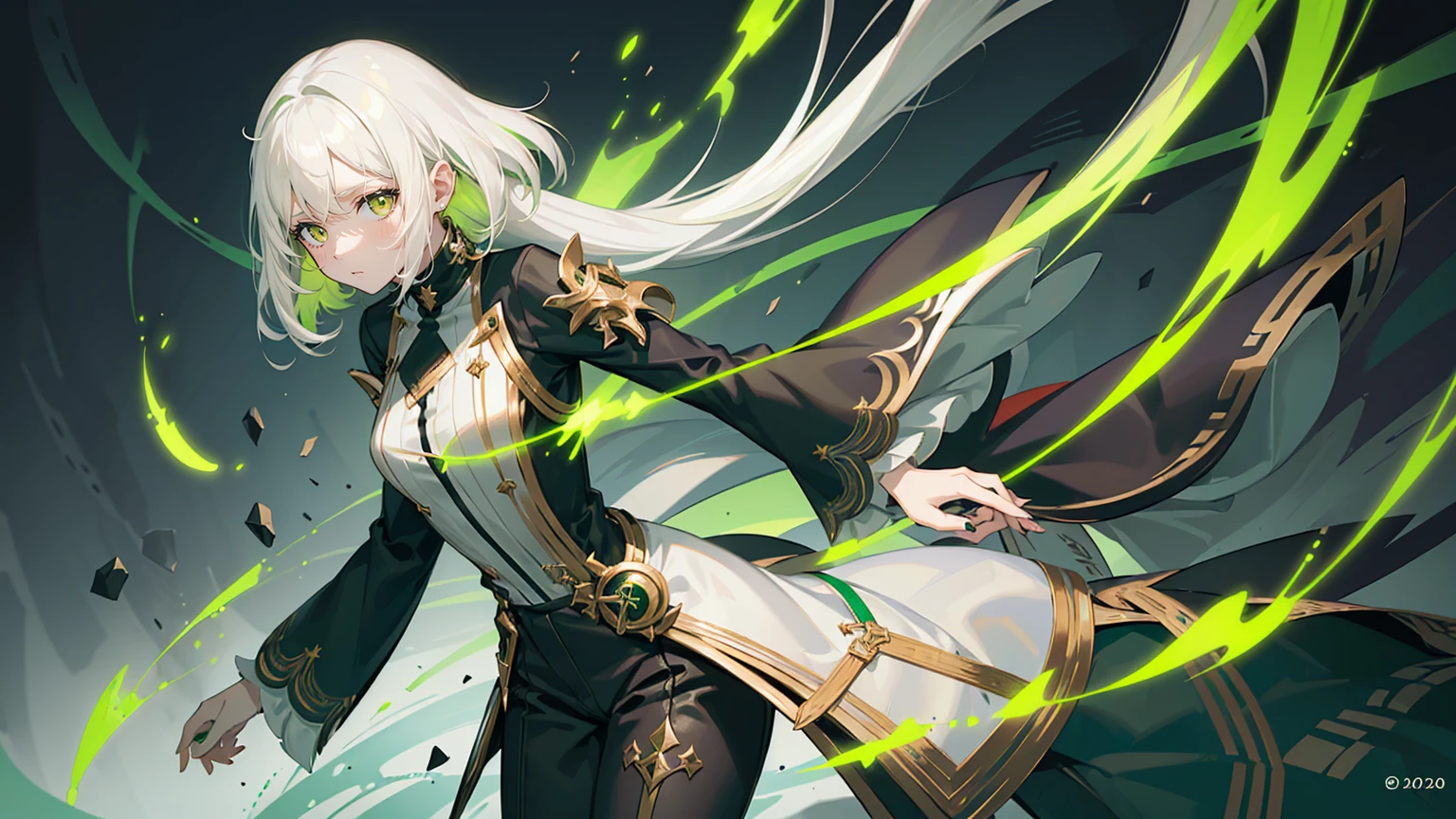 ((green eyes)). 1girl, solo, teenager, ((white hair)), ((green eyes)), pants, long sleeves, pointed ears. ((black clothes))