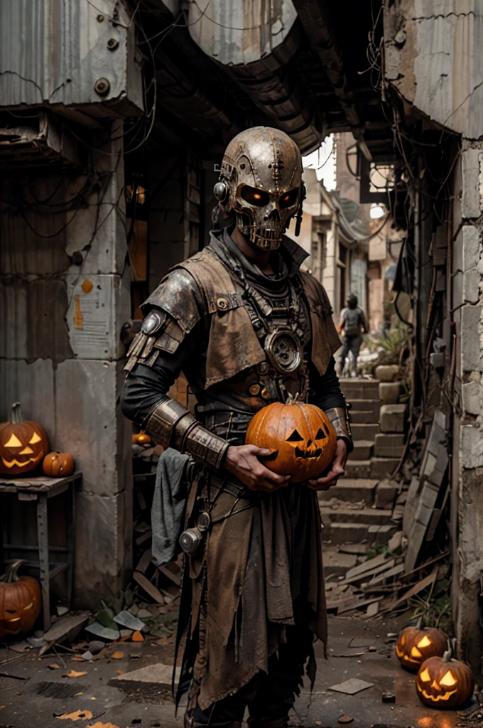 A technologically advanced and highly detailed ancient alien in a post-apocalyptic cityscape.Pumpkins for Halloween in his hand. A comic scene. 