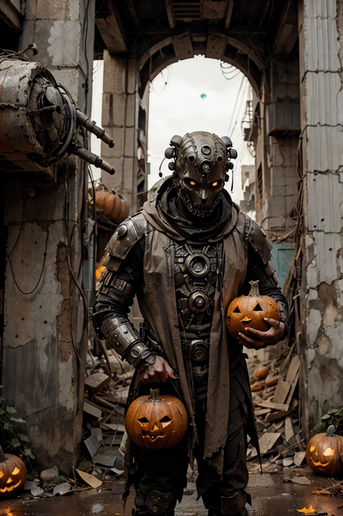 A technologically advanced and highly detailed ancient alien in a post-apocalyptic cityscape.Pumpkins for Halloween in his hand. A comic scene. 