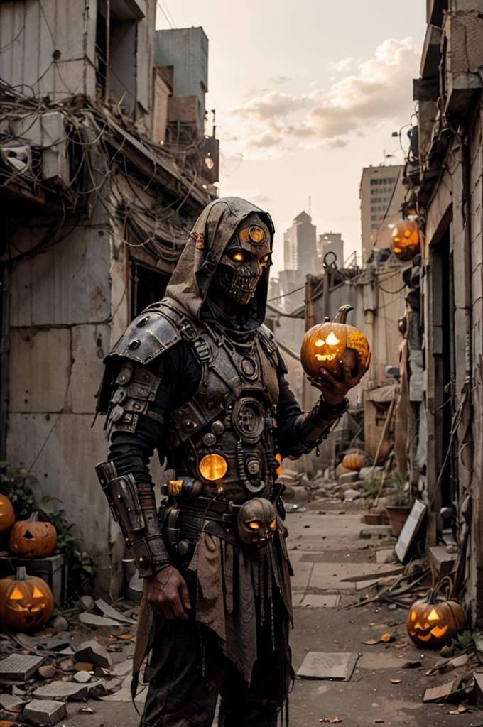 A technologically advanced and highly detailed ancient alien in a post-apocalyptic cityscape.Pumpkins for Halloween in his hand. A comic scene. 