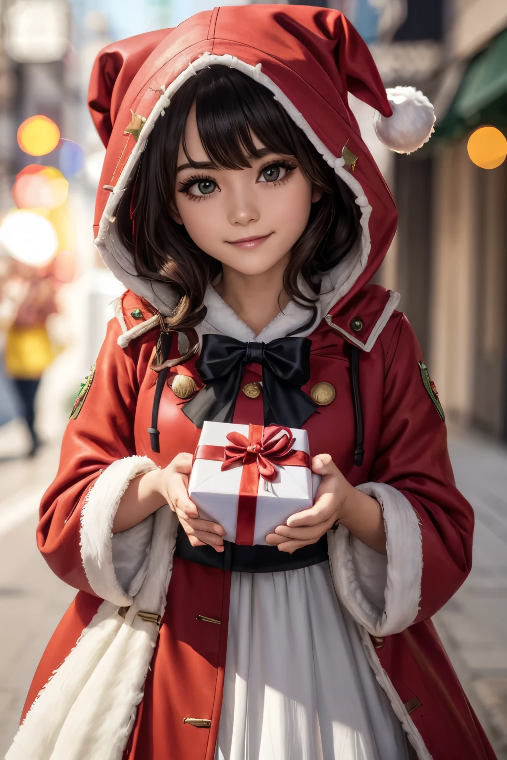 1girl, Yoshino)), medium hair, hair over eyes, shiny black hair, red stars on face, bright eyes, red eyelashes, green eyes, light smile, medium breasts, red Santa Claus coat, hooded coat, black bow , white dress, holding a gift, perfect hands, looking at the viewer, cinematic lighting, drop shadow, glare, hyperrealism, high detail, masterpiece, best quality, high resolution, 4K, 8k, anatomically correct, high details, accurate , textured leather, high quality, award-winning