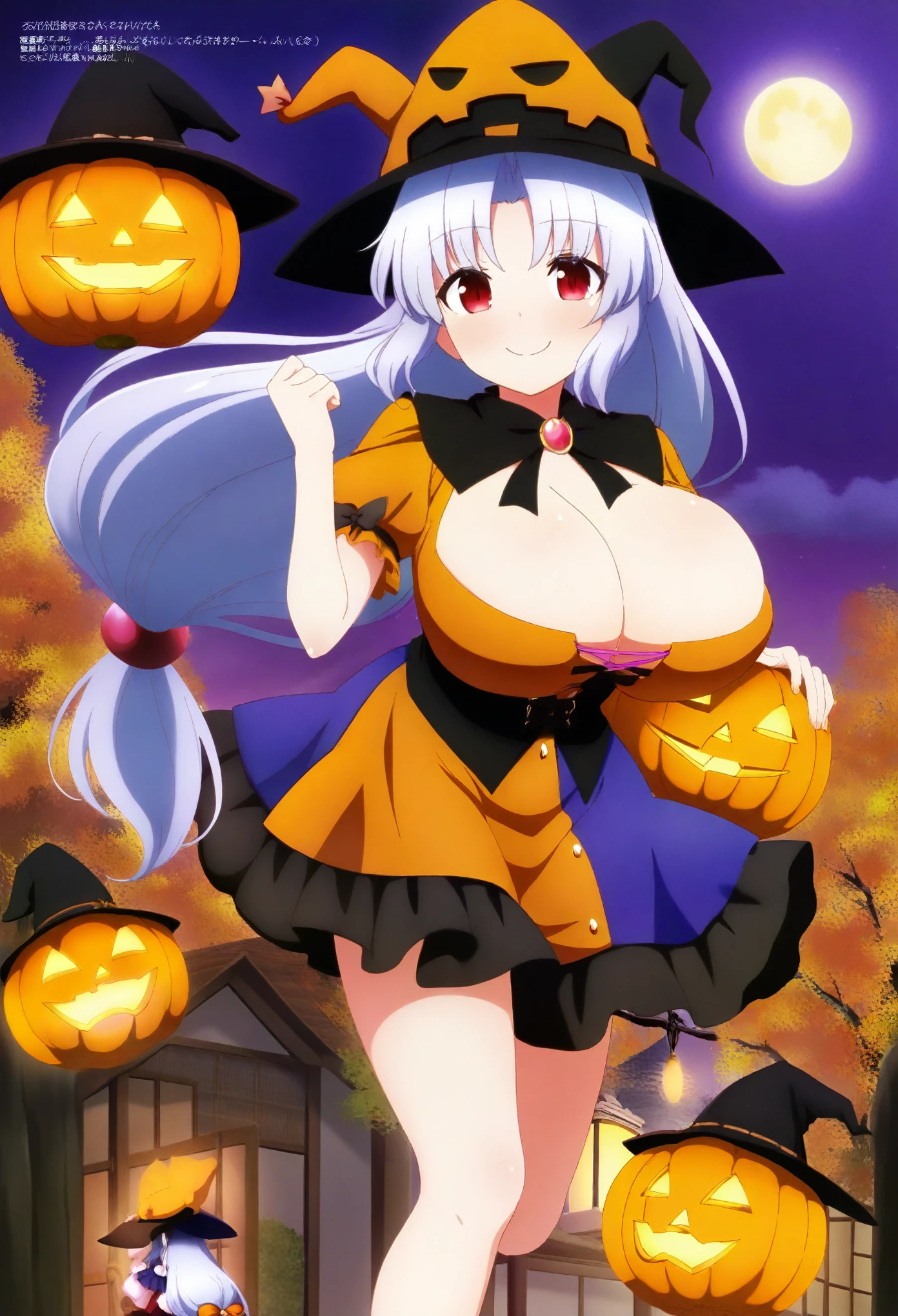 best quality, amazing quality, very aesthetic, absurdres, anime screencap, megami magazine, ((eirin(touhou project))), 1girl, huge breasts, glowing pumpkin ghost with a warm smile. Small pumpkin ghosts hover around her, playfully floating in the air, their expressions full of joy and mischief, The girl is dressed in a cute, witch-inspired outfit, and the whole scene radiates a fun, cozy Halloween vibe. The colors are vivid and lively, filled with autumn tones like oranges, purples, and soft, glowing yellows. A glowing full moon and swirling stars create a magical background