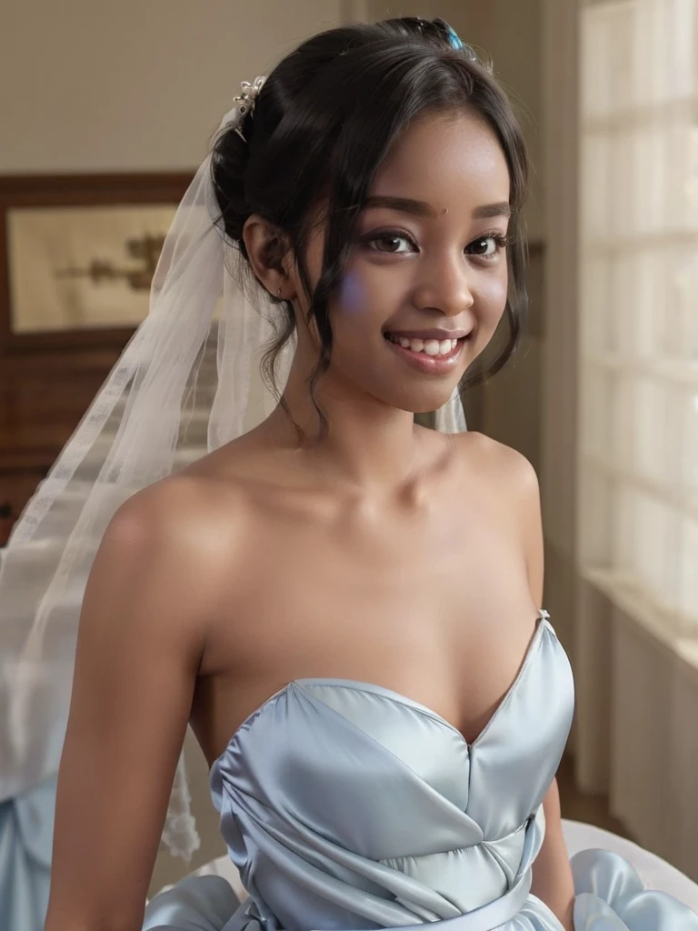 A Indian girl, black ponytail, (black skin:1.4), BREAK, baby face, standing, (satin princess dress, blue wedding dress:1.4), BREAK, (wedd00ing:1.2), (tiny tits, tt_flat), ((shooting from side)), armpit, smiling, bedroom, 