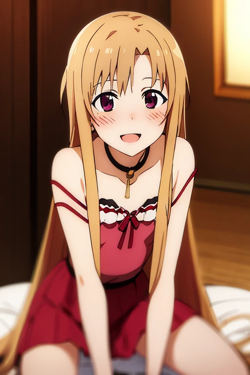 ((Best Quality)), ((masterpiece)), (be familiar with),  perfect face, indoor, bedroom,  is watching viewers,
One woman, Yuuki Asuna,
 open mouth , Ecstatic expression, blush, smile,
Small breasts,  flat chest, , ,  kids, Girl,
Long Hair,  long hair,
Leg spread,