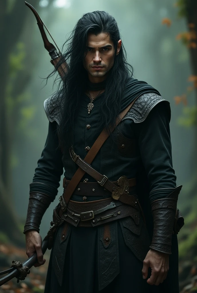 A handsome male elf , virile, with long black hair in his 27 years old ...
