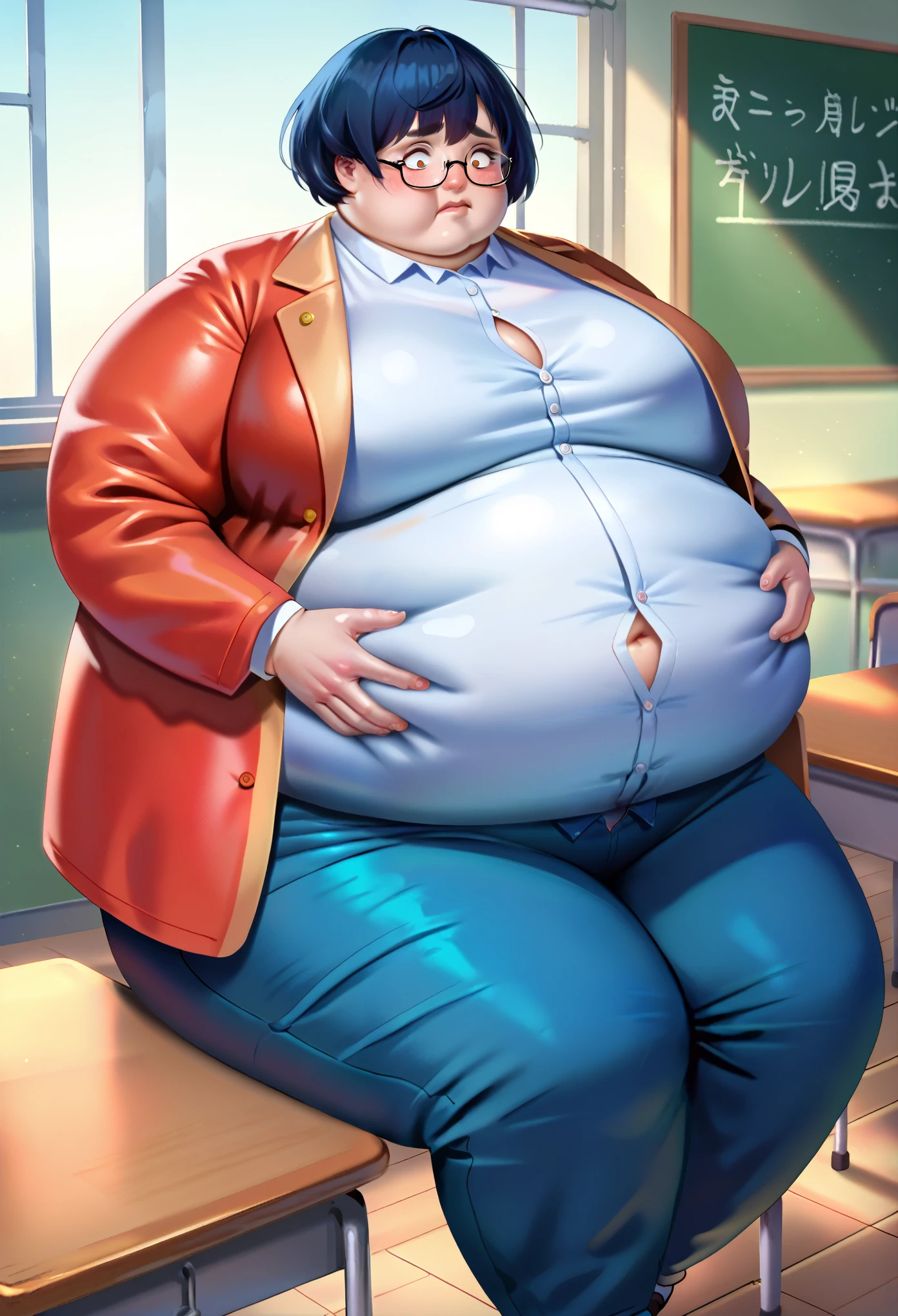 One woman, a teacher sitting in a desk chair in a classroom, glasses, extremely nervous,  scared eyes, eye contact, obese, blouse and jacket very tight, unbuttoned pants.,Belly pressing against shirt, large expressive eyes, large nose, short hair, by wlop, spherical inflation, own hands on belly, immobile, puffed hands, head sinking into body