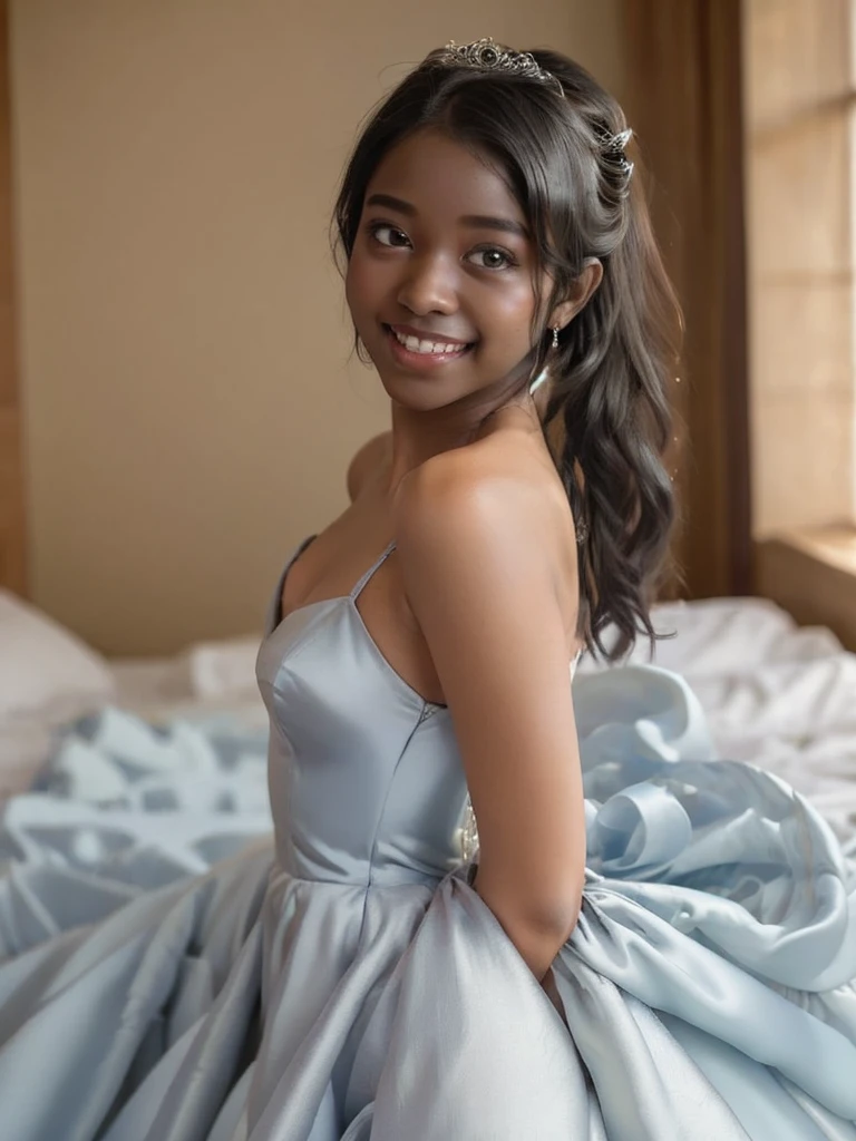 A Indian girl, black ponytail, (black skin:1.4), BREAK, baby face, standing, (satin princess dress, blue wedding dress:1.4), BREAK, (wedd00ing:1.2), (tiny tits, tt_flat), ((shooting from side)), armpit, smiling, bedroom, 