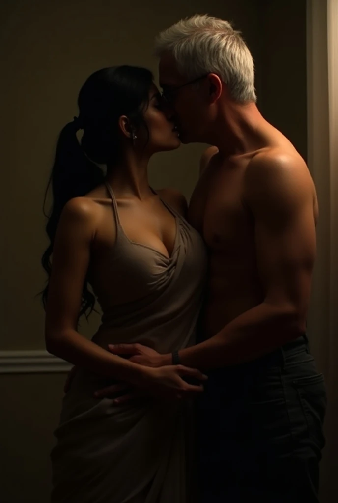 a strong older man kissing an 1 twink, white and thin , flat chested and brunette wearing a jockstrap