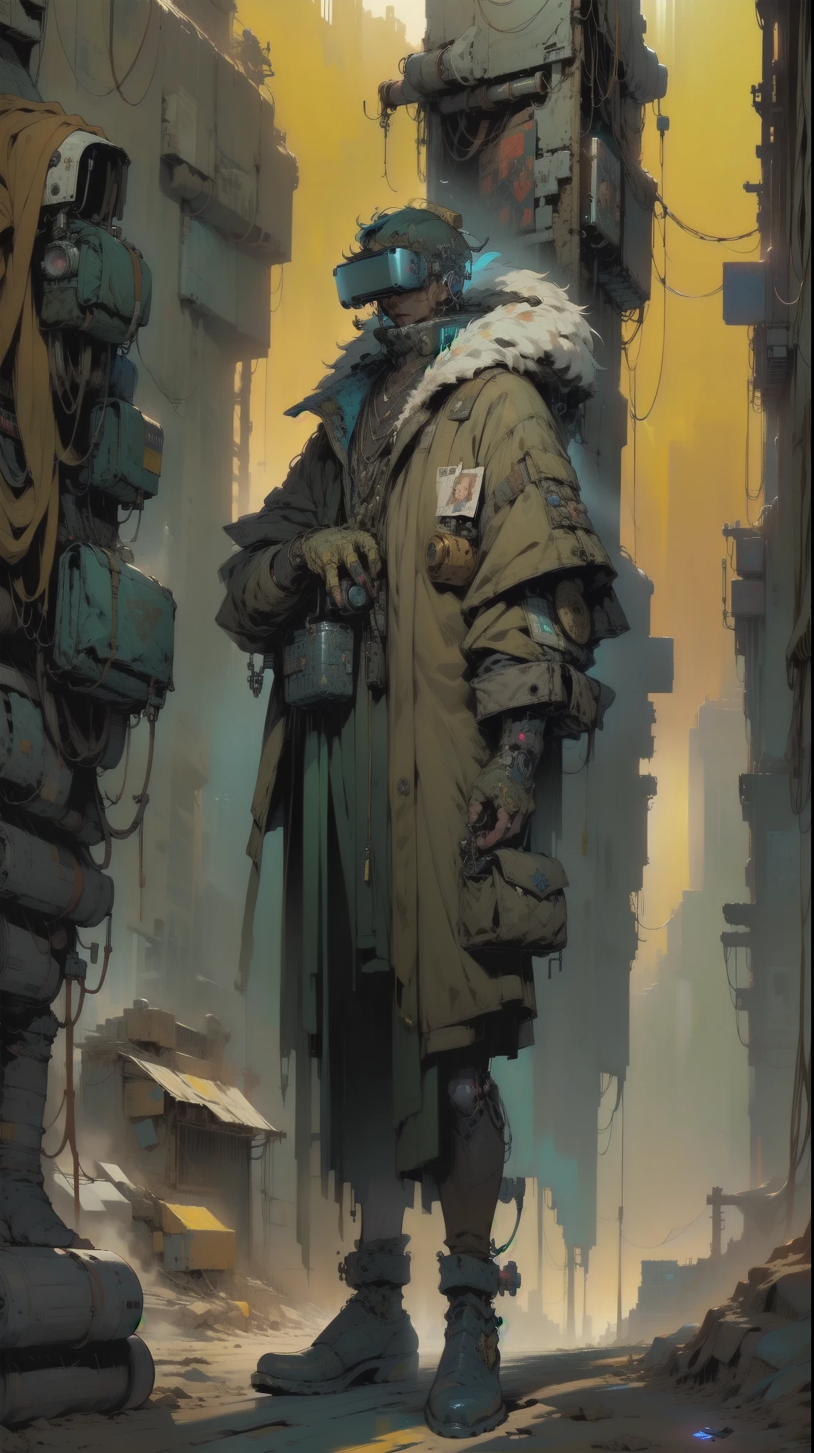 There, Lethal cyborg bounty hunter wearing a long cowboy trench coat, Blue eyes,danger, science fiction , The best quality,  masterpiece , full body image , ( Ultra detailed, ultra high resolution ,Detailed background),((2d)),((flat color)),((dull color)), 1SOLO,  looking at the spectator  , baggy flight suit,  bomber jacket with large sheep collar, ( large yellow galoshes ), Plush necklace,  full body image ,  wearing virtual reality glasses , (( Baron's intricate desert background )), ((apocalyptic city)),  full body in the frame , ((Drone next to you ))