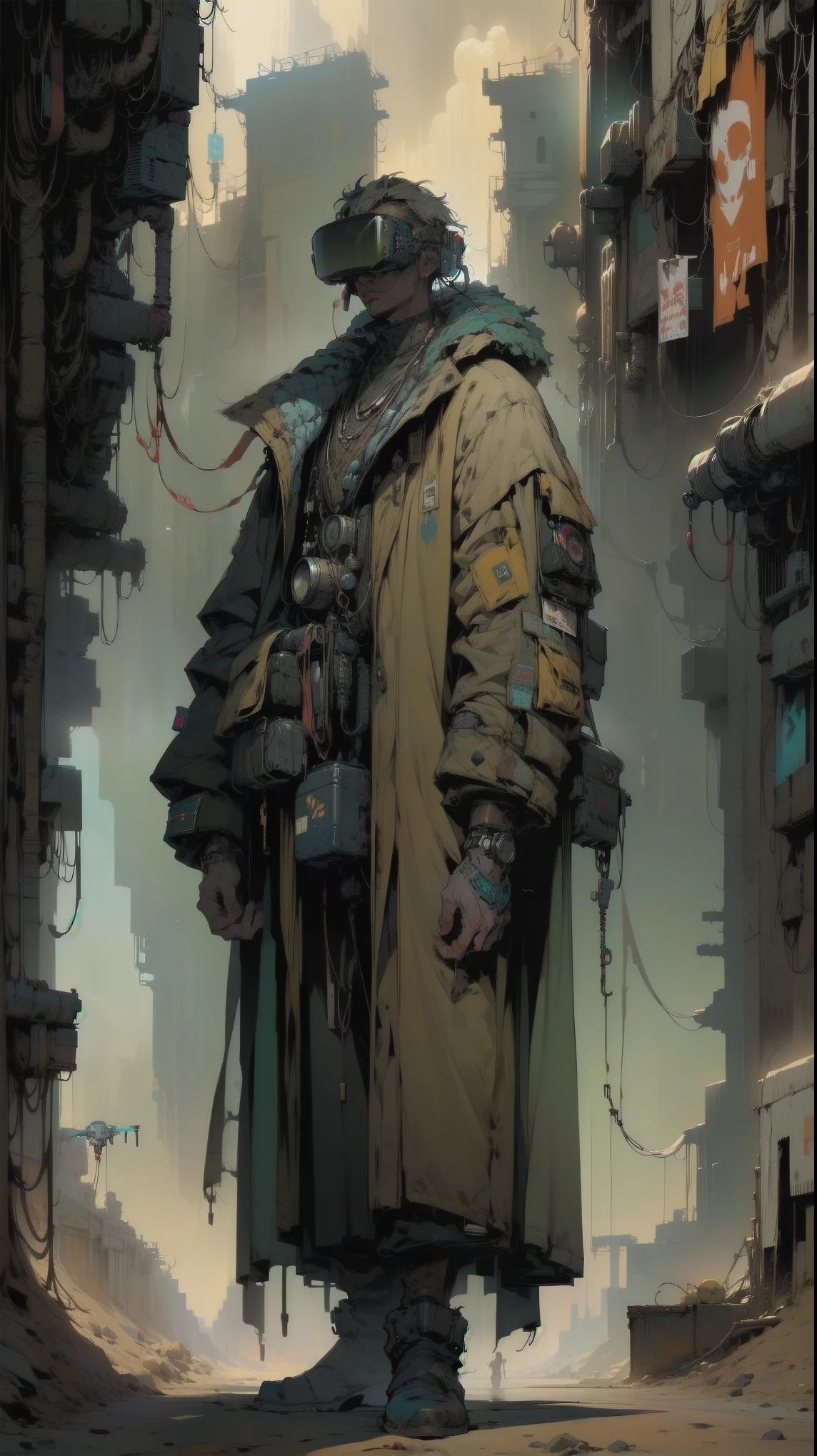 There, Lethal cyborg bounty hunter wearing a long cowboy trench coat, Blue eyes,danger, science fiction , The best quality,  masterpiece , full body image , ( Ultra detailed, ultra high resolution ,Detailed background),((2d)),((flat color)),((dull color)), 1SOLO,  looking at the spectator  , baggy flight suit,  bomber jacket with large sheep collar, ( large yellow galoshes ), Plush necklace,  full body image ,  wearing virtual reality glasses , (( Baron's intricate desert background )), ((apocalyptic city)),  full body in the frame , ((Drone next to you ))