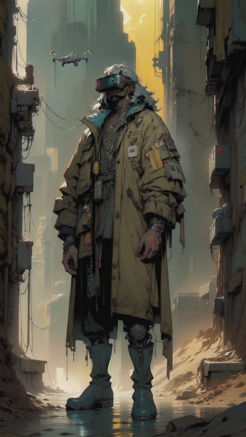  Anatomically correct ,  full body general plan, There, Lethal cyborg bounty hunter wearing a long cowboy trench coat, Blue eyes,danger, science fiction , The best quality,  masterpiece , full body image , ( Ultra detailed, ultra high resolution ,Detailed background),((2d)),((flat color)),((dull color)), 1SOLO,  looking at the spectator  , action pose, baggy flight suit,  bomber jacket with large sheep collar, ( large yellow galoshes ), Plush necklace,  full body image ,  wearing virtual reality glasses , (( Baron's intricate desert background )), ((apocalyptic city)),  full body in the frame , ((Drone next to you ))