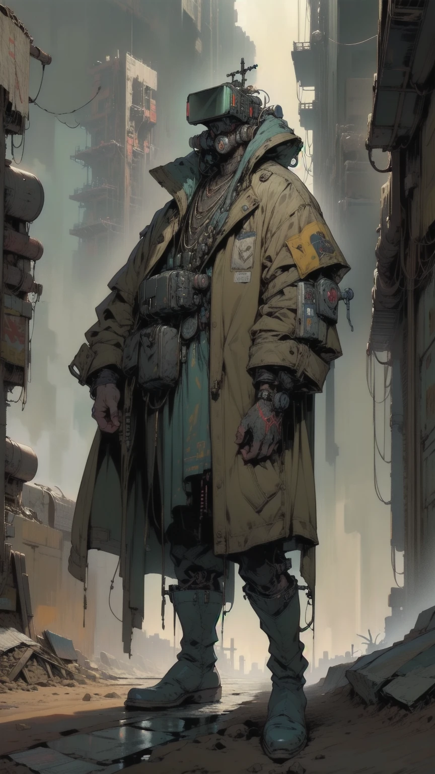  Anatomically correct ,  full body general plan, There, Lethal cyborg bounty hunter wearing a long cowboy trench coat, Blue eyes,danger, science fiction , The best quality,  masterpiece , full body image , ( Ultra detailed, ultra high resolution ,Detailed background),((2d)),((flat color)),((dull color)), 1SOLO,  looking at the spectator  , action pose, baggy flight suit,  bomber jacket with large sheep collar, ( large yellow galoshes ), Plush necklace,  full body image ,  wearing virtual reality glasses , (( Baron's intricate desert background )), ((apocalyptic city)),  full body in the frame , ((Drone next to you ))