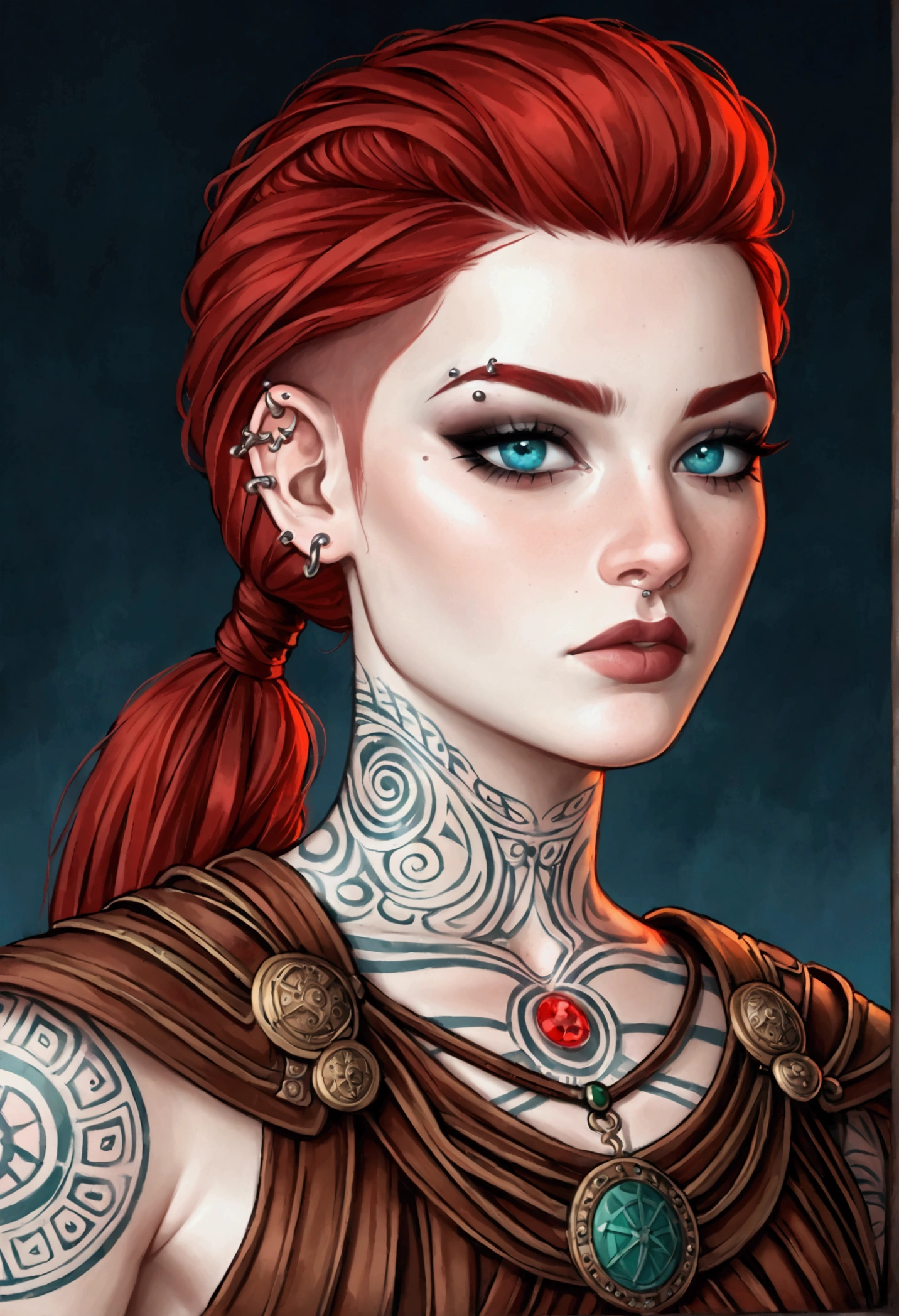 1 young and beautiful White gaullish girl, mystical medieval witch, pale skin, celtic tattoos, ((shaved hair + fringe + ponytail)), cruel expression , ((celtic armor)), celtic ambiance, ((piercings)), red hairs, (((threatening girl)))