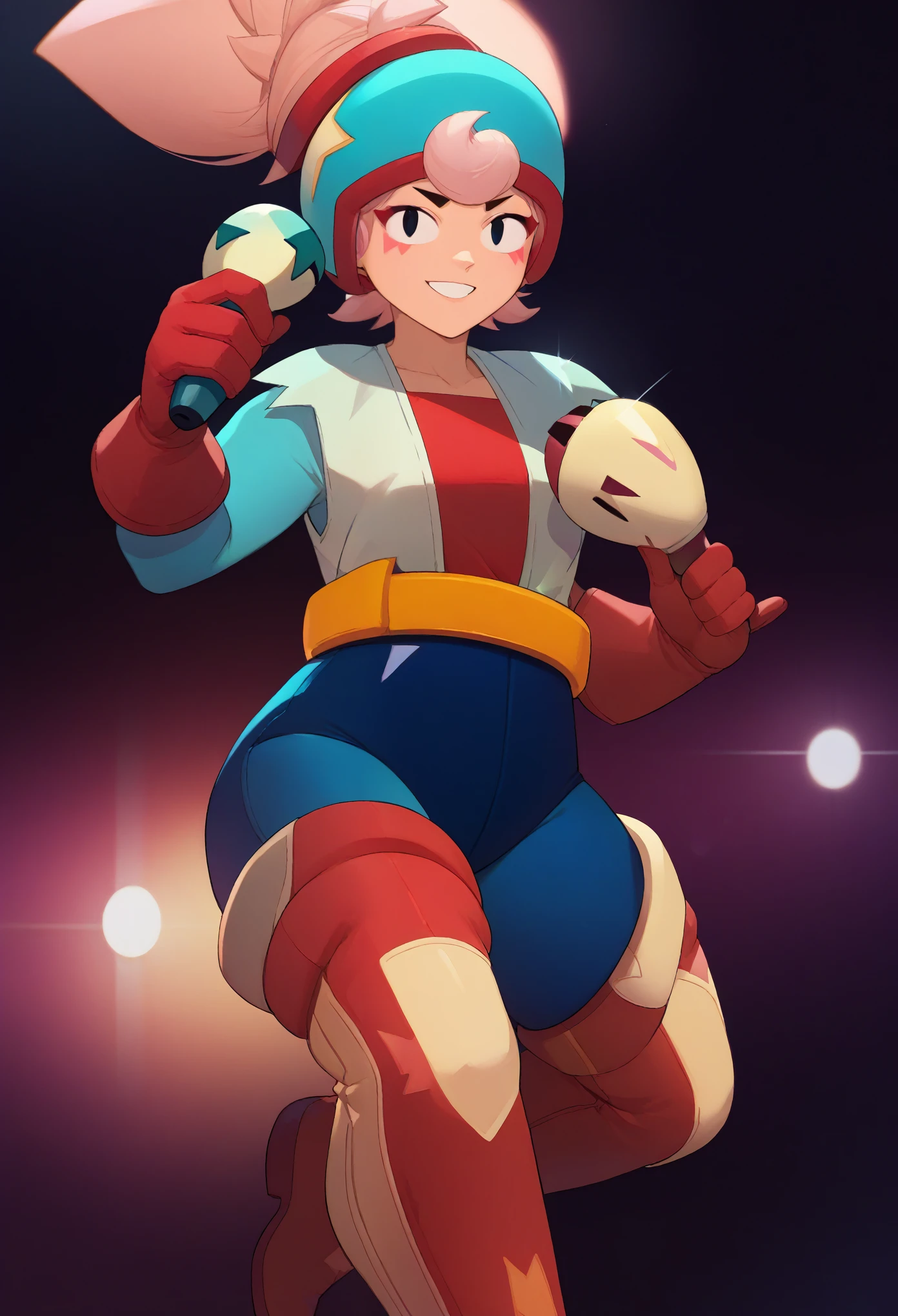 score_9, score_8_up, score_7_up, source_anime, solo, 1girl, bsjanet, smile, looking at viewer, holding microphone, ponytail, helmet, multicolored clothes, blue leotard, long sleeves, red gloves, thigh boots, belt, spotlight 