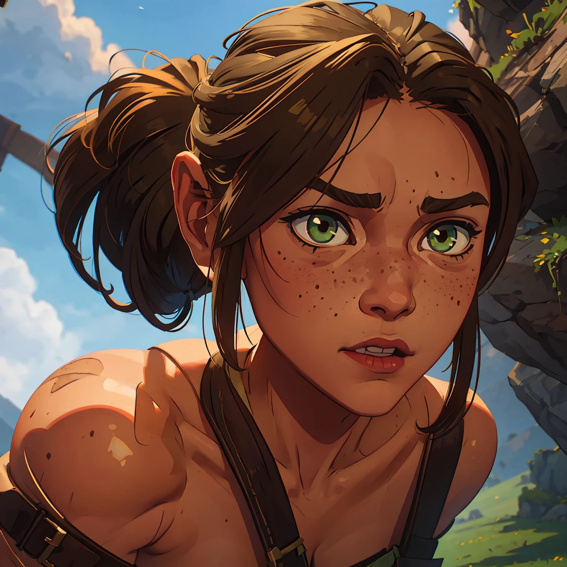 teen Lara Croft, innocent, small side-set breasts, detailed face, freckles, short height, almond-shaped eyes with green-brown eye color, 4k, highly detailed, exaggerated inflated legs, laracroft2, (((head portrait))), ((nude)), moaning in pleasure, blushing