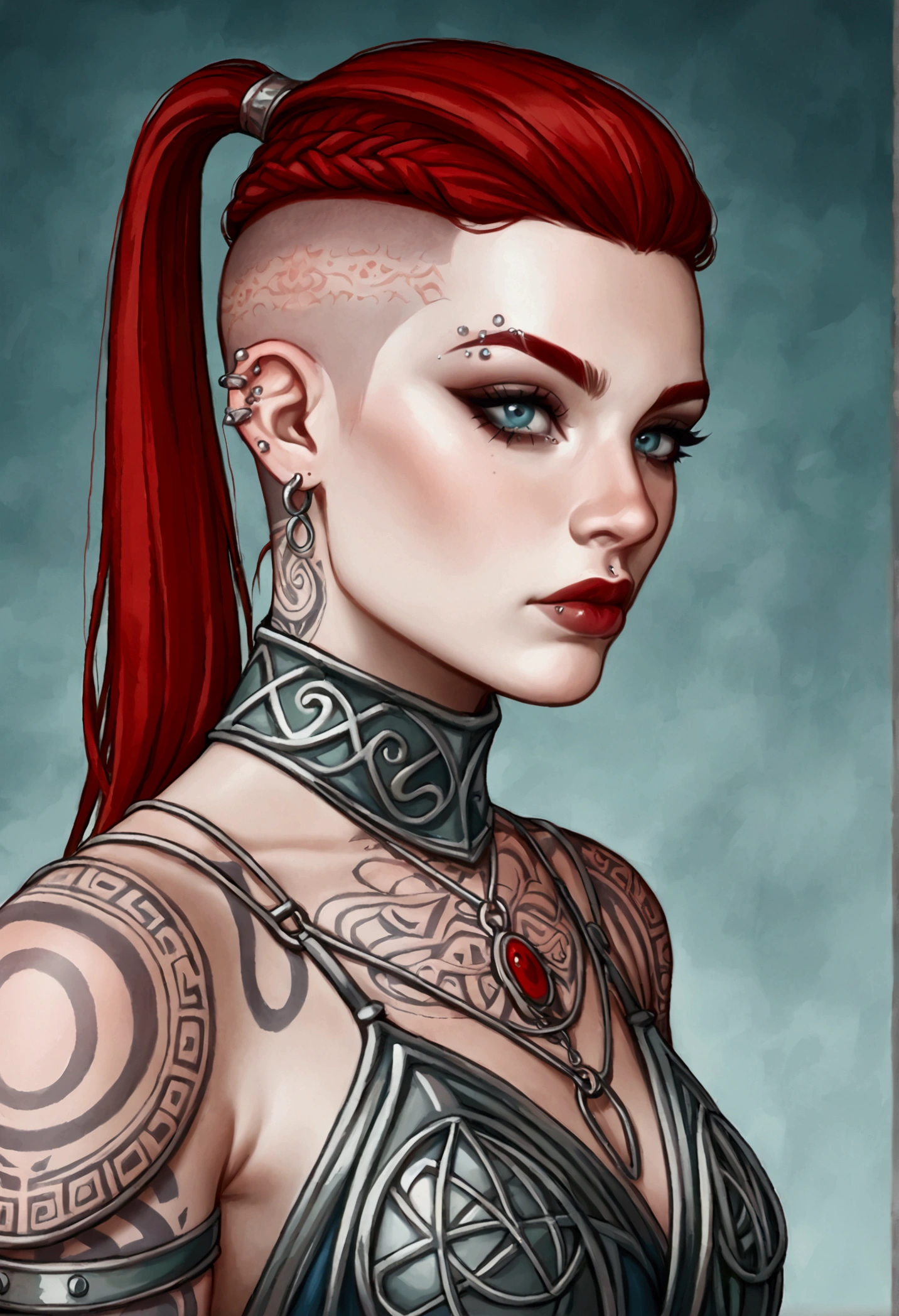 ****ung and beautiful White gaullish girl, mystical medieval witch, pale skin, celtic tattoos, ((shaved hair + fringe + ponytail)), cruel expression , ((celtic armor)), celtic ambiance, ((piercings)), red hairs, (((threatening girl)))