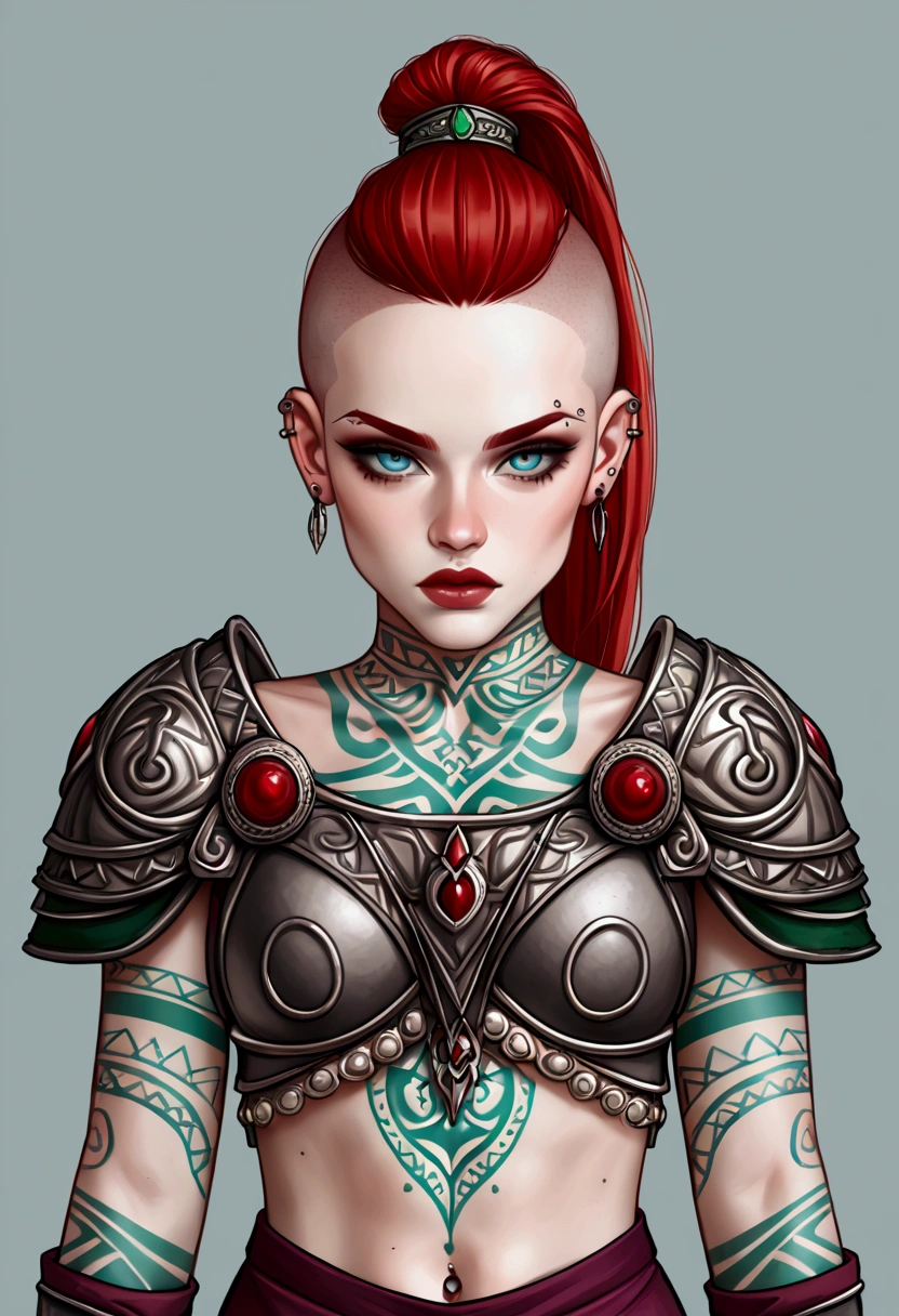 ****ung and beautiful White gaullish girl, mystical medieval witch, pale skin, celtic tattoos, ((shaved hair + fringe + ponytail)), cruel expression , ((celtic armor)), celtic ambiance, ((piercings)), red hairs, (((threatening girl)))