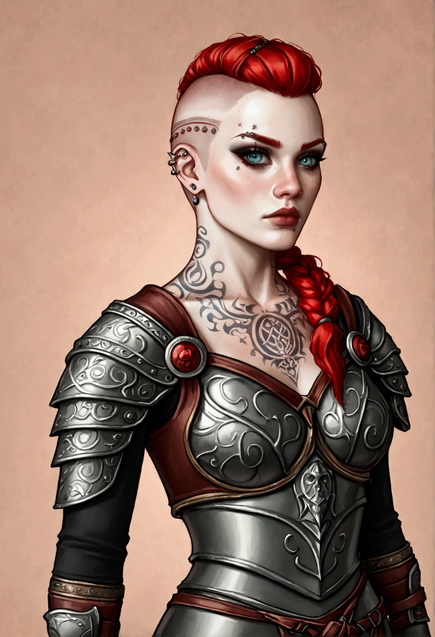 ****ung and beautiful White gaullish girl, mystical medieval witch (warrior), pale skin, celtic tattoos, ((shaved hair + fringe + ponytail)), cruel expression , ((celtic armor)), celtic ambiance, ((piercings)), red hairs, (((threatening girl)))