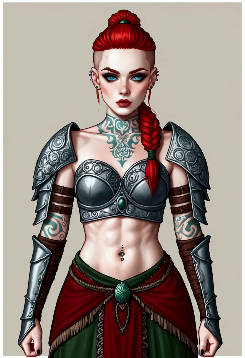 ****ung and beautiful White gaullish girl, mystical medieval witch (warrior), pale skin, celtic tattoos, ((shaved hair + fringe + ponytail)), cruel expression , ((celtic armor)), celtic ambiance, ((piercings)), red hairs, (((threatening girl)))