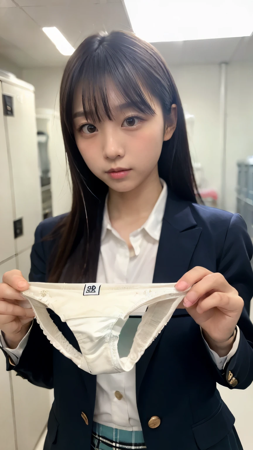very detailed , 8K resolution RAW color photos ,( upper body, face:1.3)Beautiful Face, viewers, school uniform blazer , Laundry Room, Panties Focus , shorts presentation,Having panties, Simple white panties, separating bangs from the center , studio lighting ,(( embarrassing))