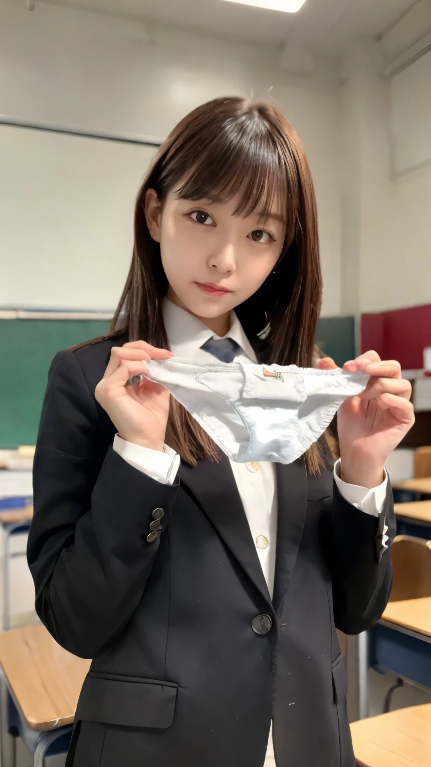  very detailed , 8K resolution RAW color photos ,( upper body, face:1.3)Beautiful Face, viewers, school uniform blazer  , It's in the classroom at school, Panties Focus , shorts presentation,Having panties, Simple white panties,  separating bangs from the center ,  studio lighting ,(( embarrassing))
