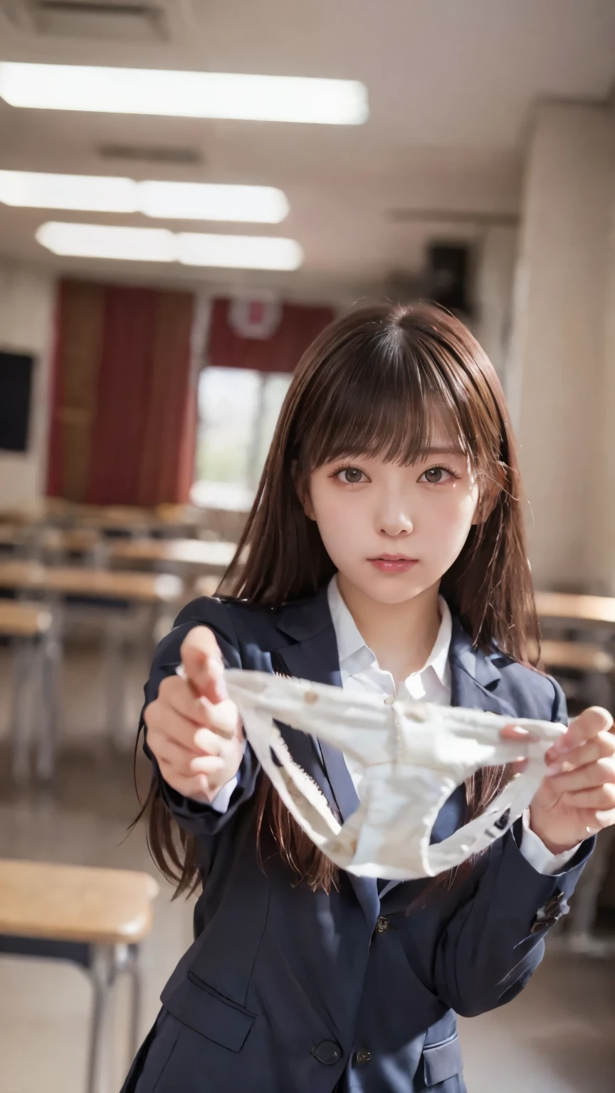  very detailed , 8K resolution RAW color photos ,( upper body, face:1.3)Beautiful Face, viewers, school uniform blazer  , It's in the classroom at school, Panties Focus , shorts presentation,Having panties, Simple white panties,  separating bangs from the center ,  studio lighting ,(( embarrassing))
