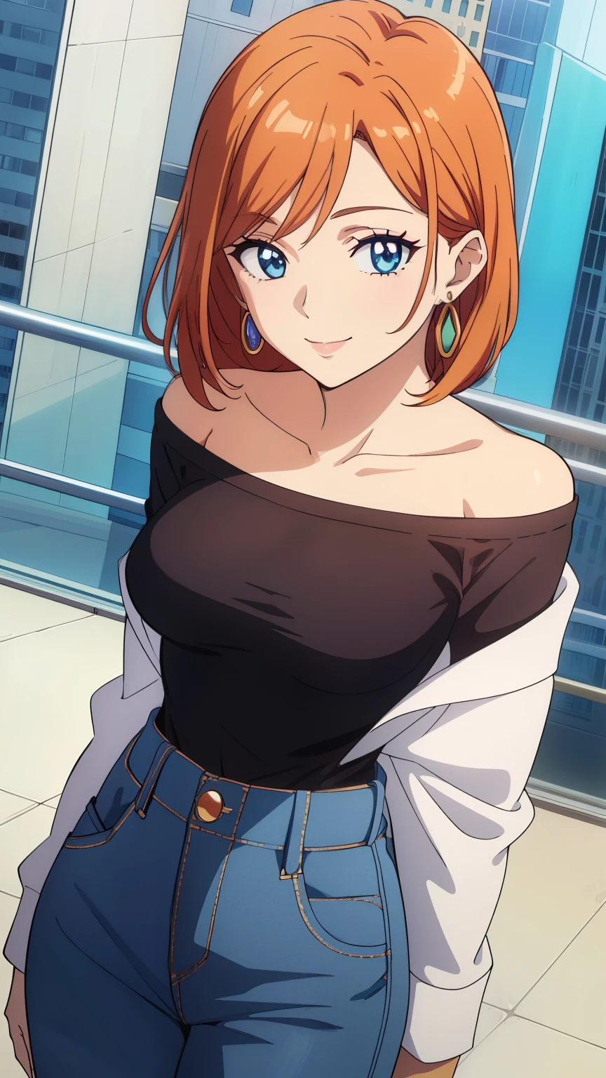 (masterpiece, best quality, high resolution, 8k:1.2), (Anime coloring:1.2), very detailed, beautiful eyes, perfect eyes, detailed eyes, feature large highlight, detailed face, ultra-detailed, detailed eyes, symmetrical eyes, (mature face:1.2), 1 girl, alone, (slim:1.1), (medium breasts), (orange hair, medium hair), (makeup, earrings, off-shoulder shirt, slim fit pants, smile, city),looking at the viewer,in the center of the image, (beautiful_chest:1.1), (beautiful_face:1.2), (beautiful_ waist:1.2), (cowboy shot), dutch angle,