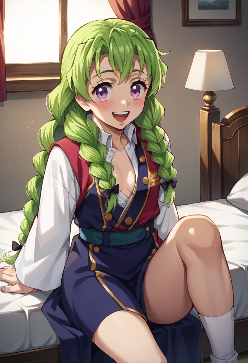 ((Best Quality)), ((masterpiece)), (be familiar with),  perfect face, indoor, bedroom,  is watching viewers,
One woman, Kanroji Mitsuri,
 open mouth , Ecstatic expression, blush, smile,
Small breasts,  flat chest, , ,  kids, Girl,
Long Hair,  Had,
Leg spread,