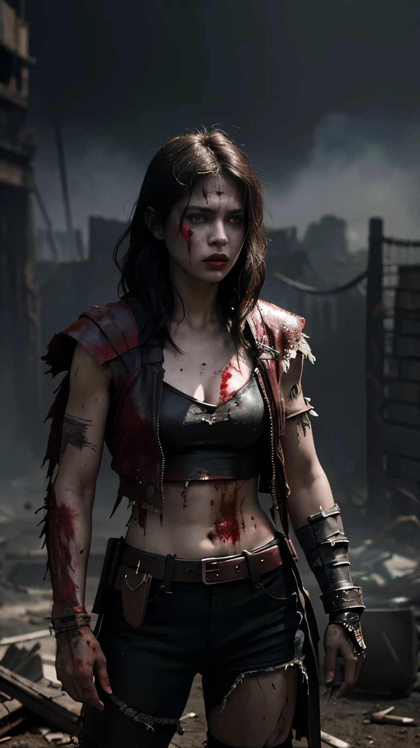 Dark fantasy art of a fierce, battle-hardened warrior woman in a tattered red hood and clothing, her body marked with blood and scars, standing in a post-apocalyptic setting, the background filled with debris and smoke, creating a gritty and intense atmosphere, cinematic composition