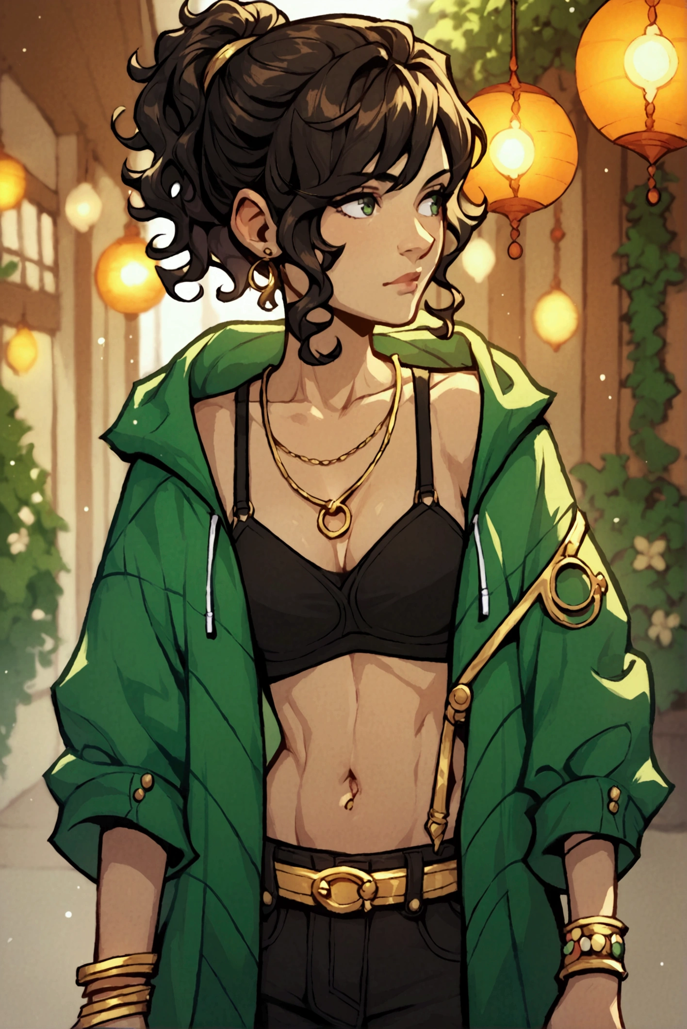 score_9, score_8_up, score_7_up, score_6_up, score_5_up, score_4_up, (masterpiece: 1.0), best quality, fashionable aesthetic, black bra, exposed midriff, open greenish brown parka, bracelets, curly black hair in a ponytail, golden belt, black shorts
