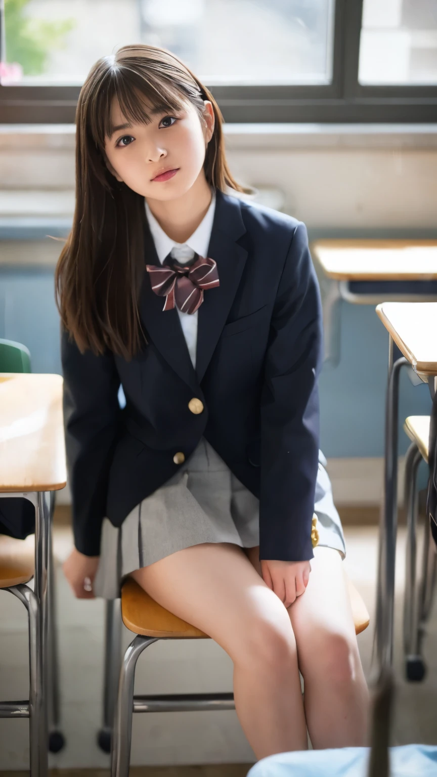  very detailed , 8K resolution RAW color photos ,( upper body, face:1.3)Beautiful Face, viewers, school uniform blazer  , It's in the classroom at school, Panties Focus , shorts presentation,Having panties, Simple white panties,  separating bangs from the center ,  studio lighting ,(( embarrassing))、 miniskirt in length、Thighs