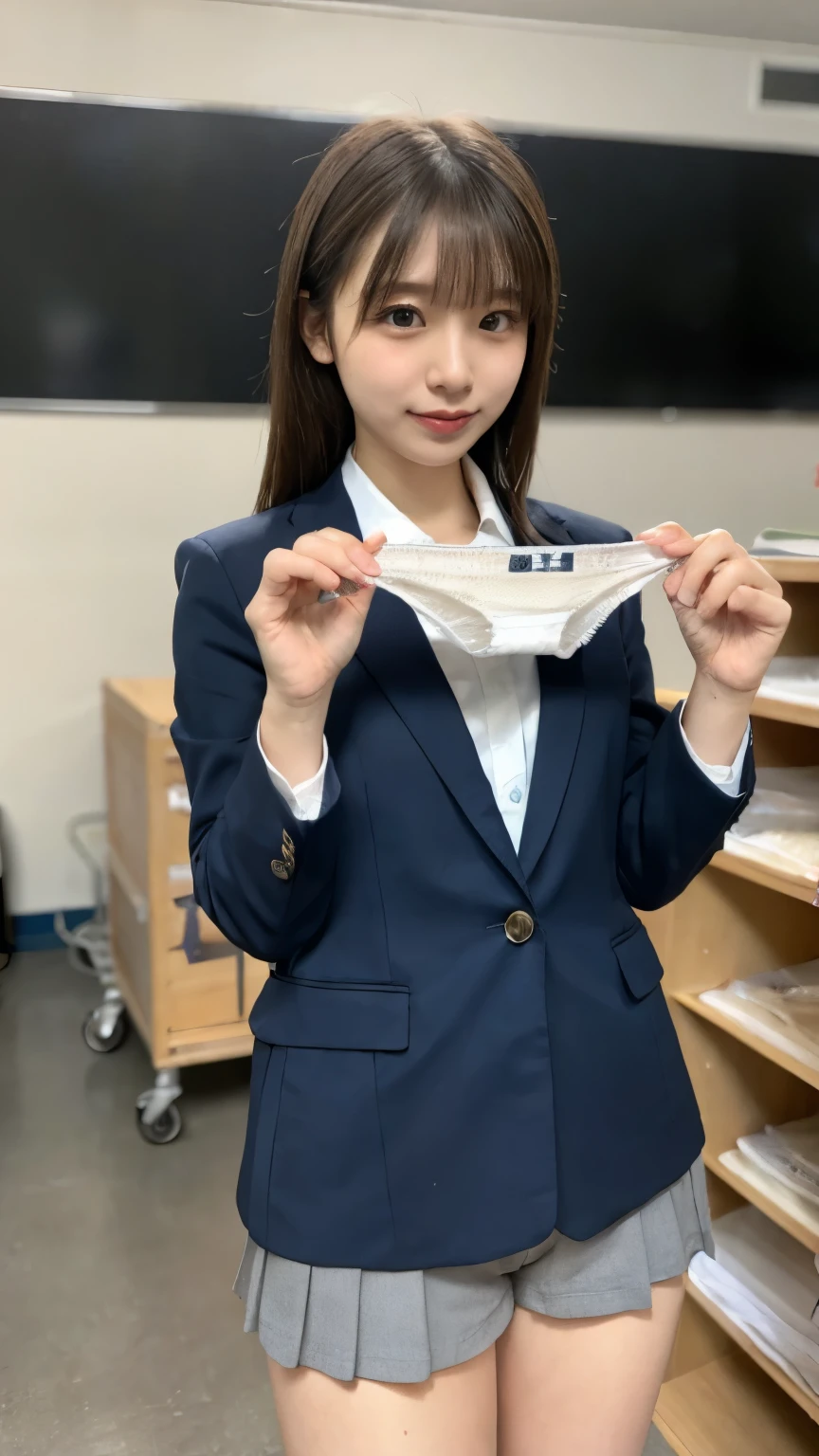  very detailed , 8K resolution RAW color photos ,( upper body, face:1.3)Beautiful Face, viewers, school uniform blazer  , It's in the classroom at school, Panties Focus , shorts presentation,Having panties, Simple white panties,  separating bangs from the center ,  studio lighting ,(( embarrassing))、 miniskirt in length、short pleated cart