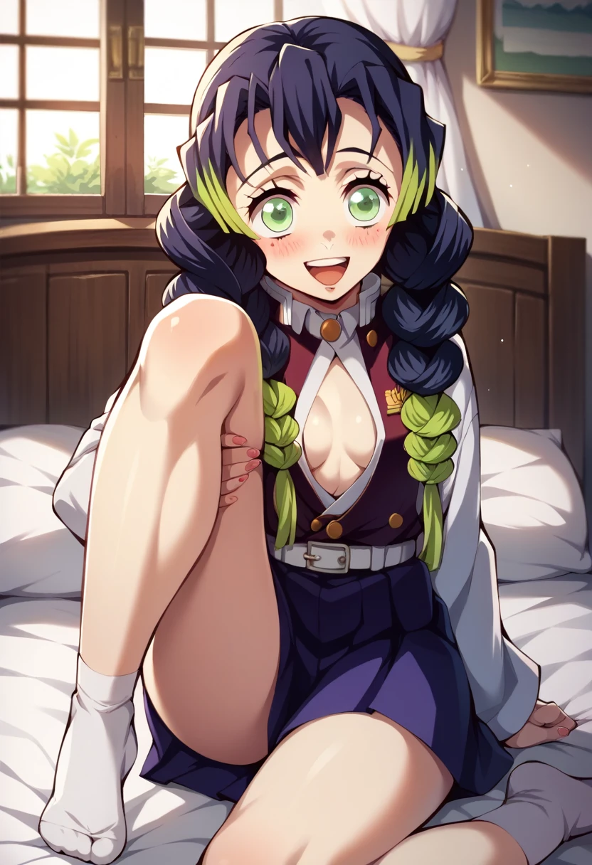 ((Best Quality)), ((masterpiece)), (be familiar with),  perfect face, indoor, bedroom,  is watching viewers,
One woman, Kanroji Mitsuri,
 open mouth , Ecstatic expression, blush, smile,
Small breasts,  flat chest, , ,  kids, Girl,
Long Hair,  Had,
Leg spread,