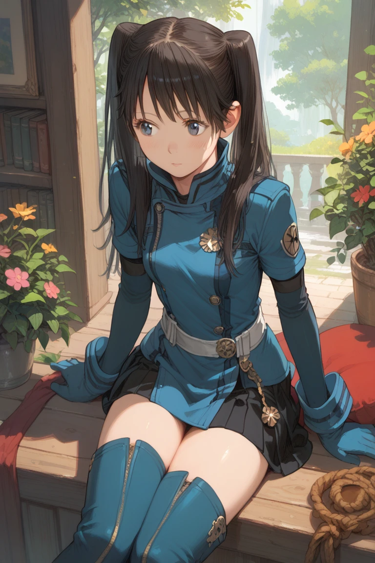 lenalee lee, long hair, bangs, twintails, 
gloves, uniform, thigh boots