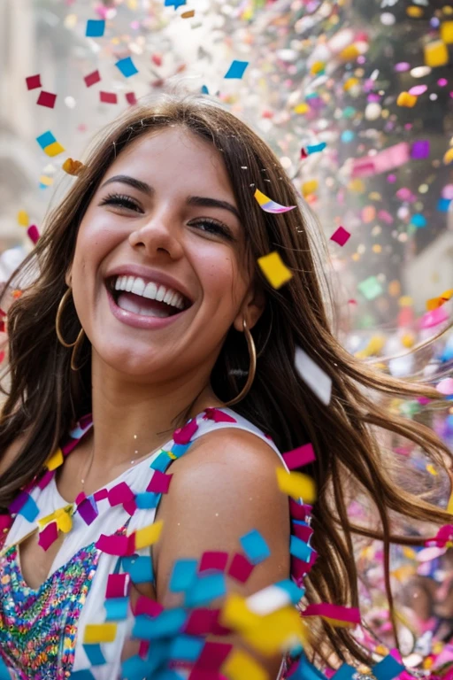 A wide angle photograph of an attractive Latin girl, brunette, light brown hair bursting into joyful laughter as colorful confetti rains down. The camera captures the pure delight and sparkle in their eyes, creating a touching, shareable moment.



