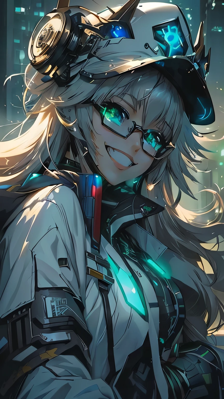 regina babylon from in another world wht my smartphone, isekai wa smartphone to friends, regina babylon con un sombrero en la cabeza, glasses, smile maligna y ojos brillantes,  Trendy on artstation pixiv  , Detailed anime digital art, [[[[smilening evily]]]], with bright eyes, type, smile loca, smile, detailed anime art,  Guweiz on Pixiv Artstation , cyberpunk anime art