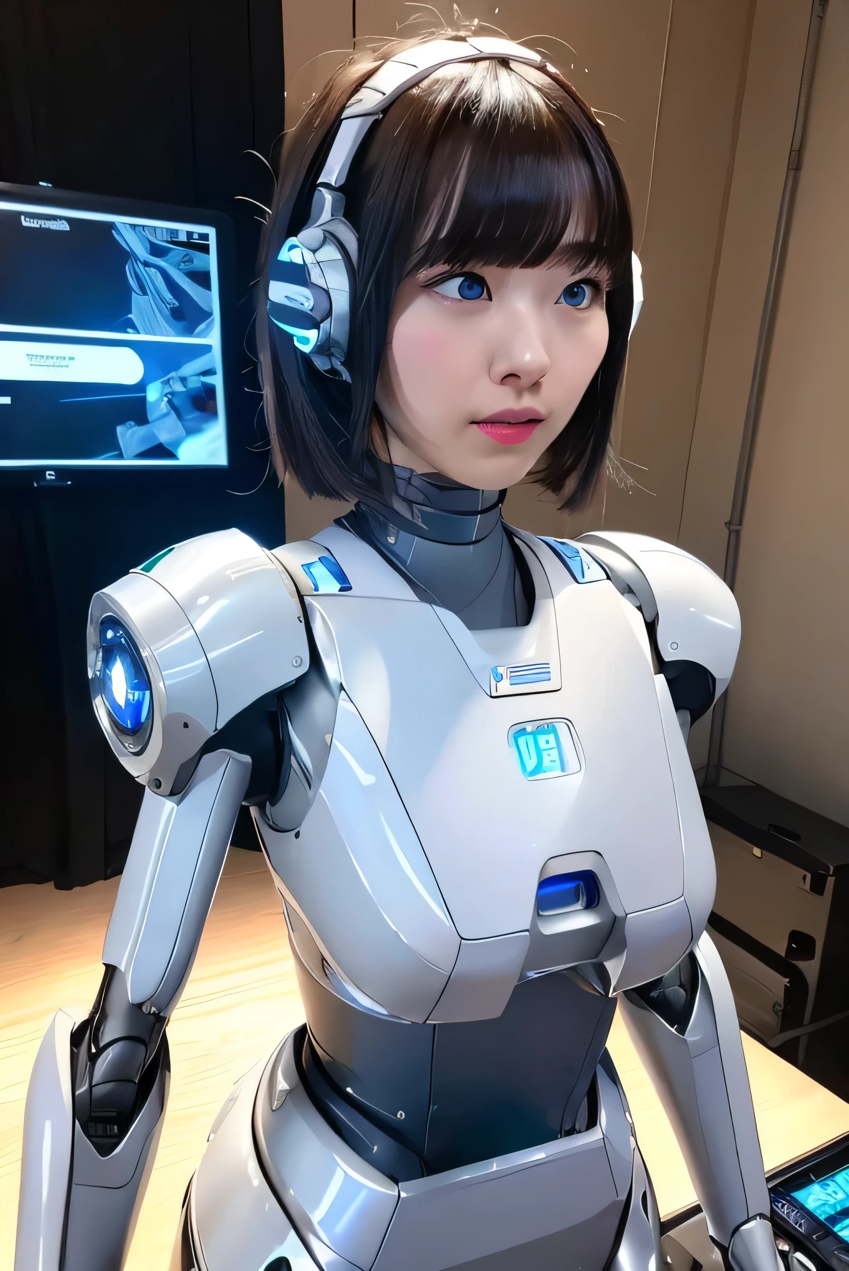 masterpiece, best quality, extremely detailed, Japaese android girl,Plump ,control panels,android,Droid,Mechanical Hand, Robot arms and legs,Blunt bangs,perfect robot girl,white robot body,mechanical neck,long tube,thick cable connected her neck,android,robot,humanoid,cyborg,japanese cyborg girl ,robot-assembly plant,She has assembled now,assembly scene,chest monitor,blue eyes, operator,wearing high-tech headset
